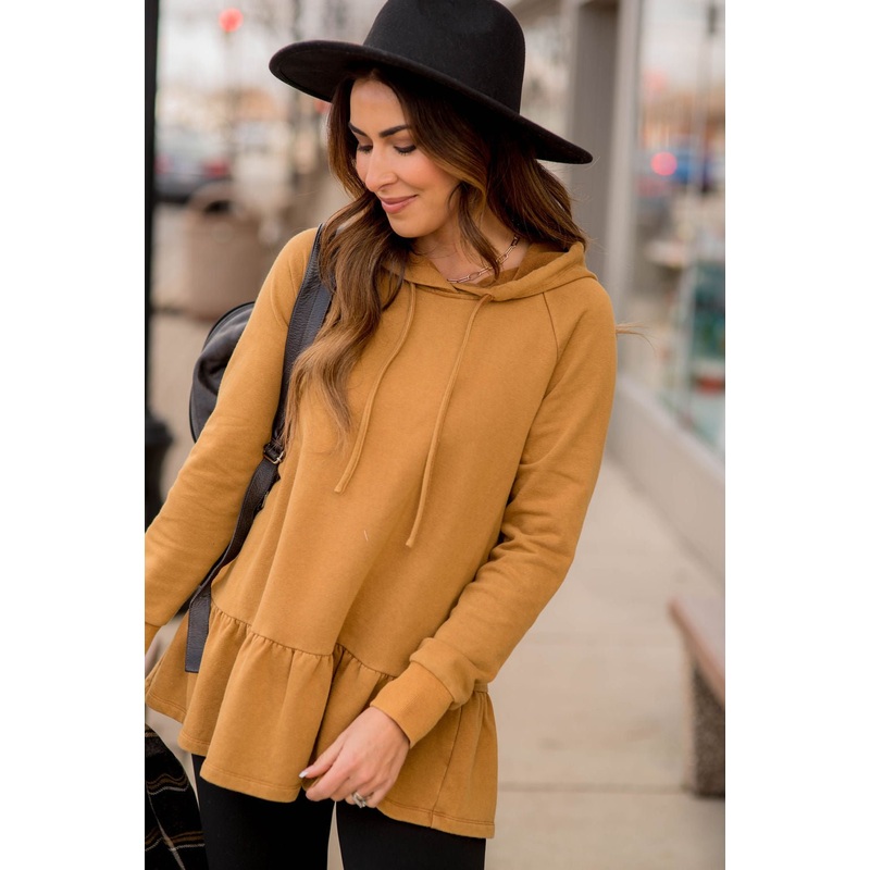 Vibrant Vintage Wash Micro Peplum Hoodie S Camel