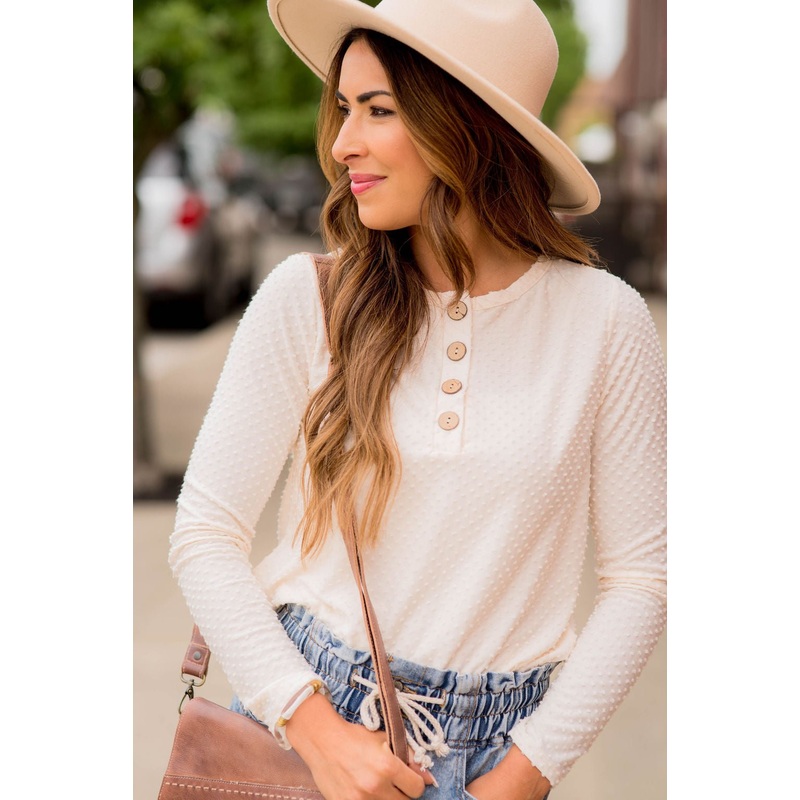 Button Mini Dot Long Sleeve Tee Camel S