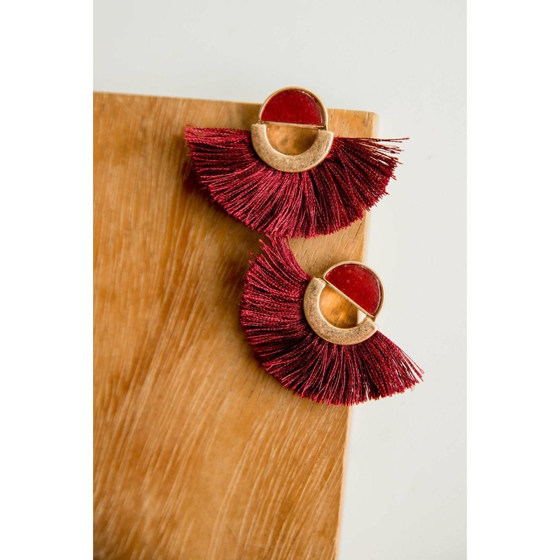 Color Pop Fringe Accent Earrings Burgundy