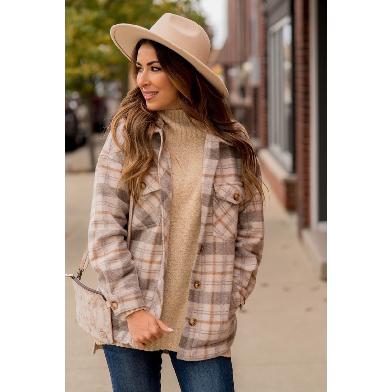 Fashionably Late Plaid Shacket Mocha S/M