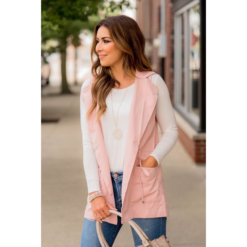 Hooded Cinched Waist Utility Vest Blush S