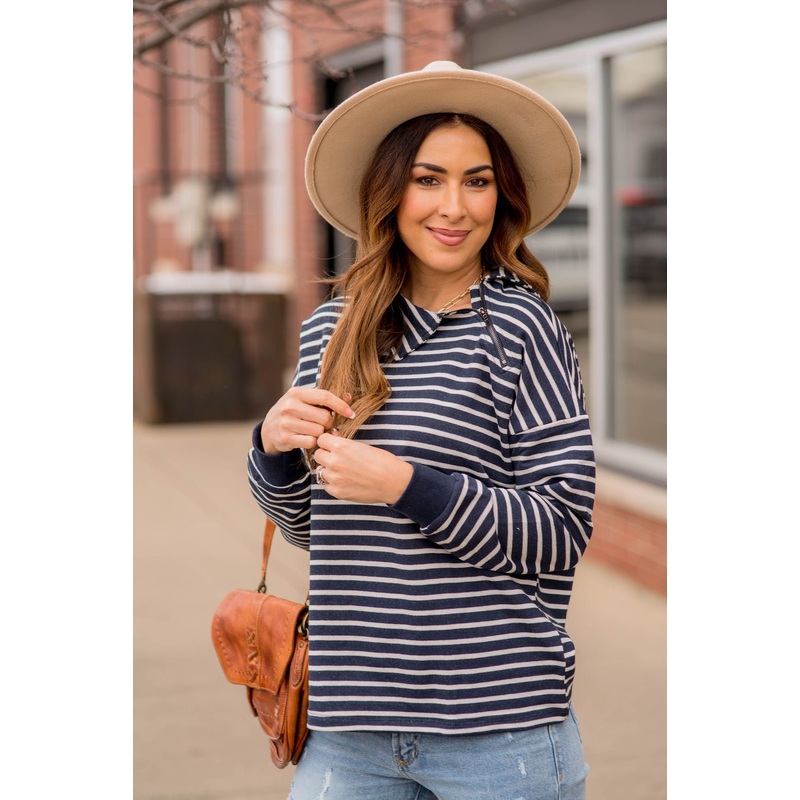 Knit Stripe Neck Zipper Sweater Charcoal S