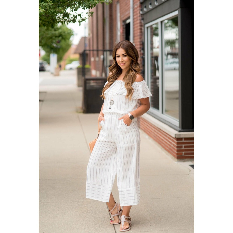 Off Shoulder Vertical Striped Jumpsuit S Ivory