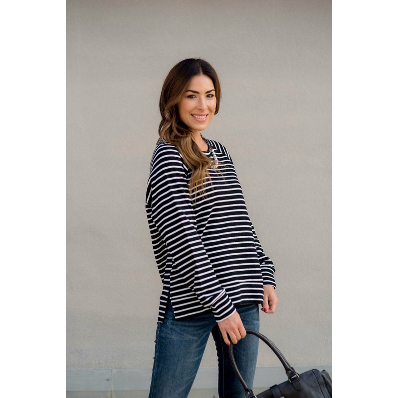 Sassy Side Split Striped Sweatshirt Black S
