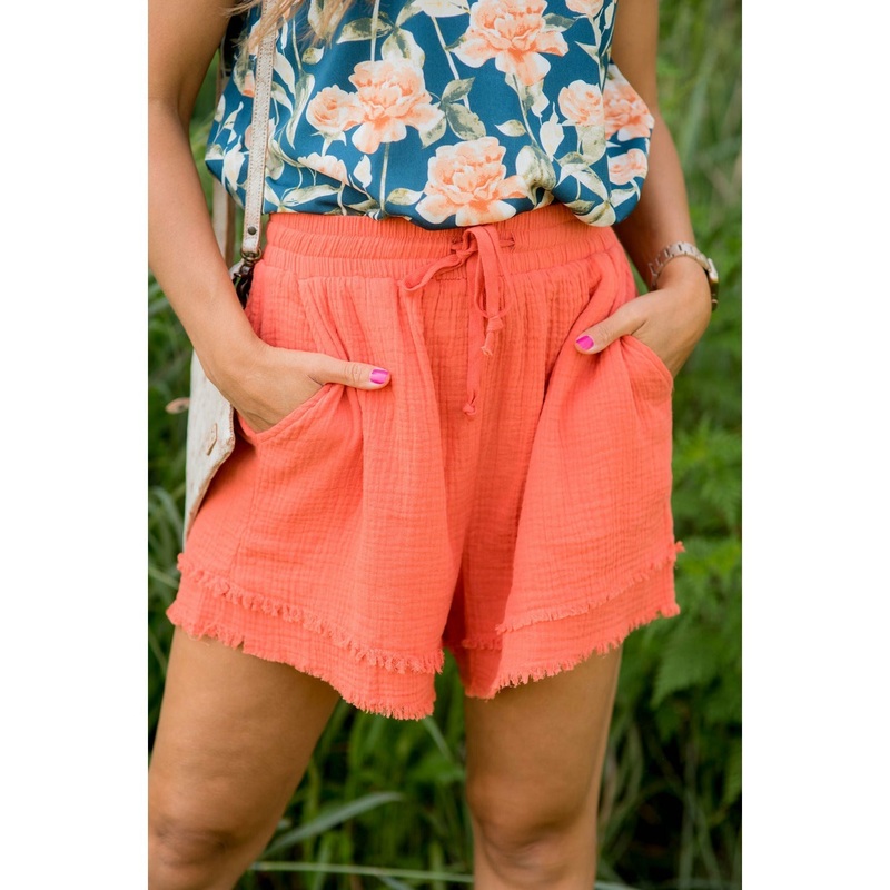 Bold Drawstring Fringe Trim Shorts Coral S