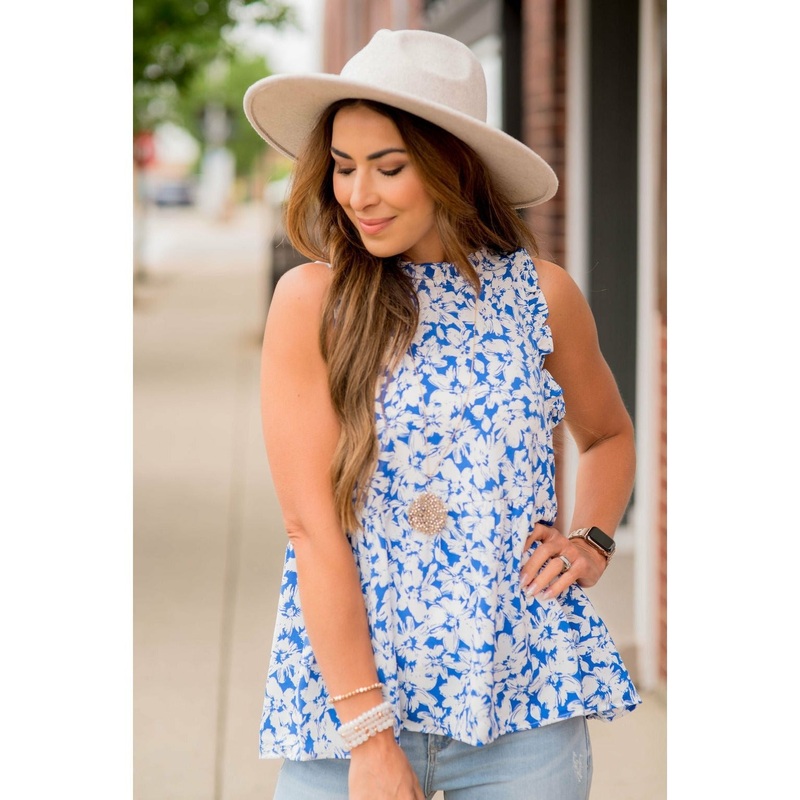 Bold Floral Ruffle Trim Peplum Tank Royal Blue S