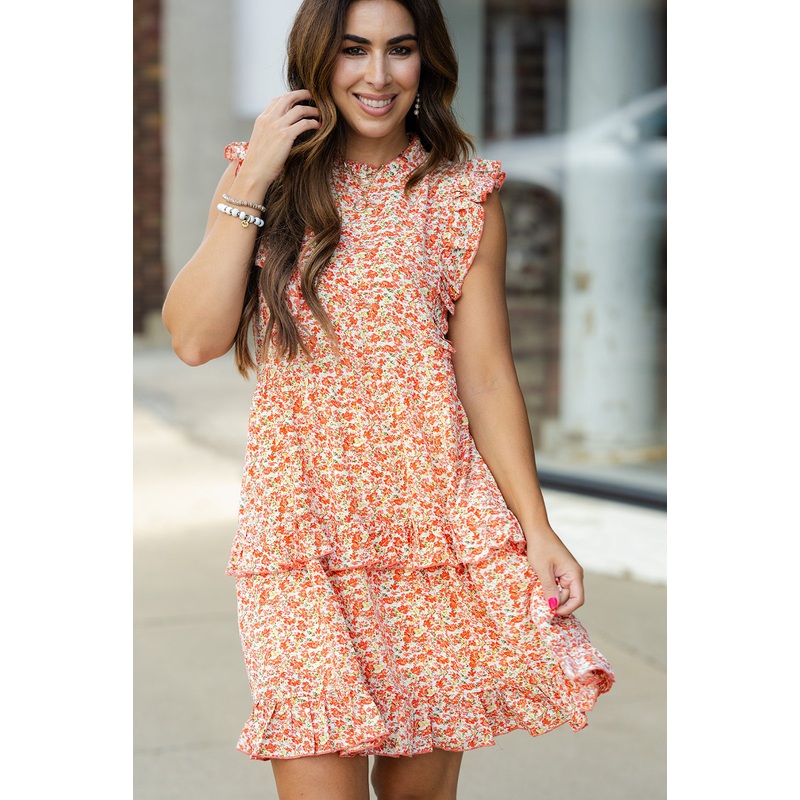 Bright Blooms Ruffle Accents Dress Coral S