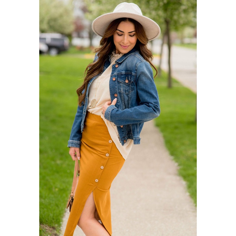 Button Accent Side Slit Midi Skirt Lavender S