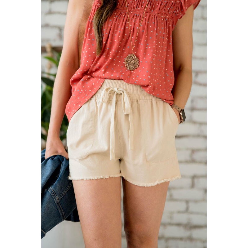 Relaxed Frayed Trim Shorts S Oatmeal