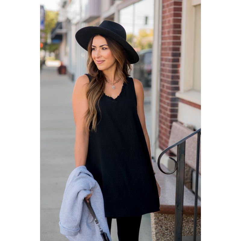Ruffle V-Neck Tunic Tank Navy S