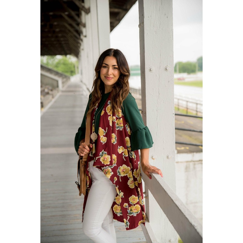 Watercolor Floral Kimono Vest Mustard S