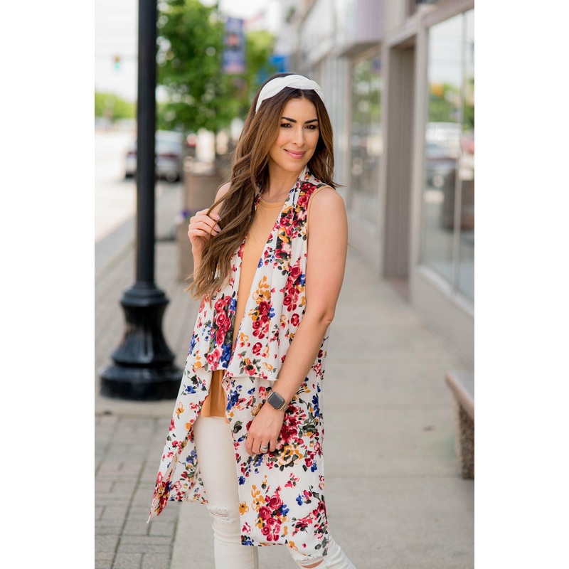 White Floral Kimono Vest S
