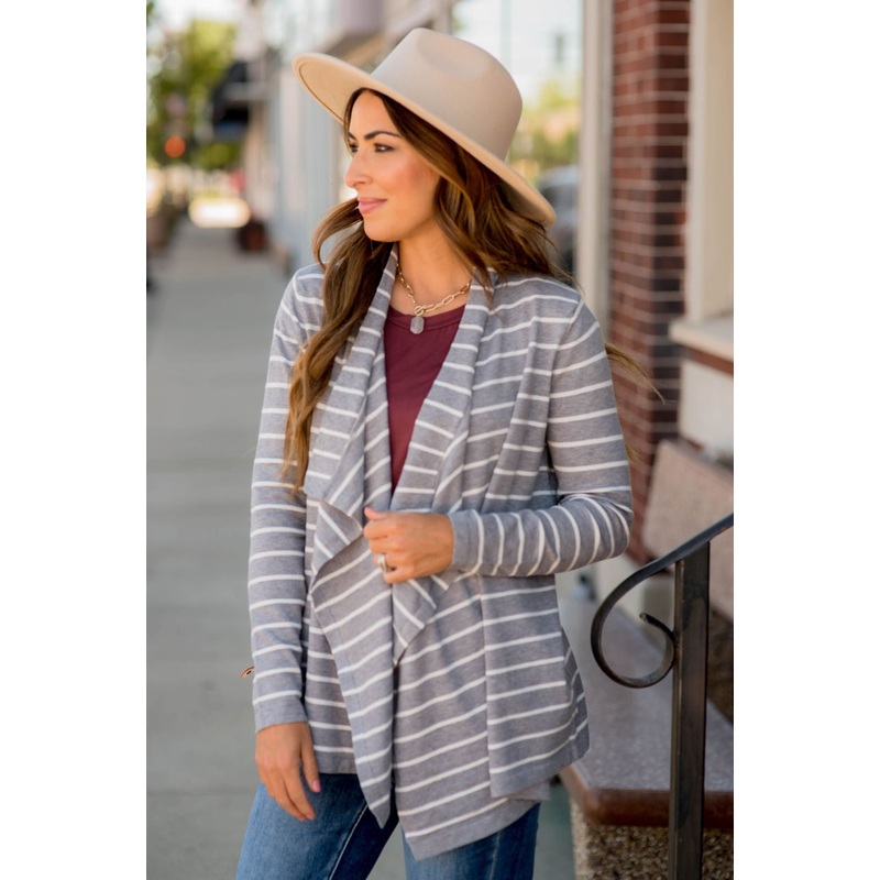 Basic Striped Waterfall Cardigan Burgundy S