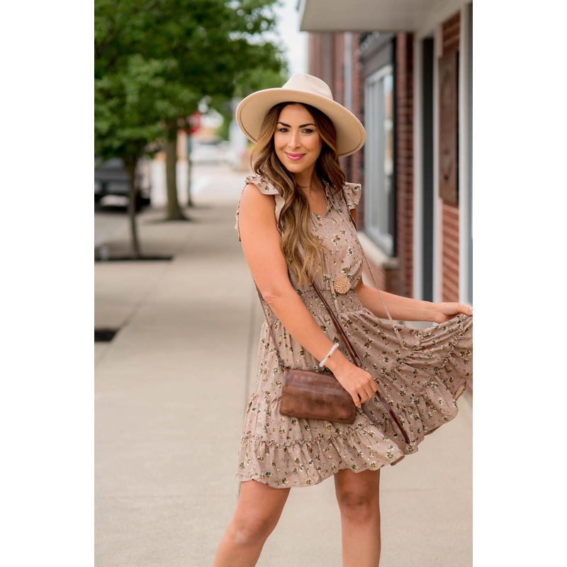 Blossoms Flutter Sleeve Dress Beige S