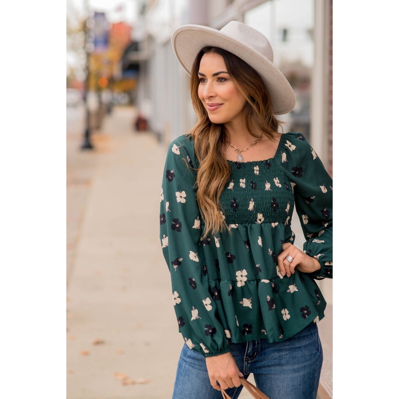 Blossoms Ruched Top Tiered Blouse Charcoal S