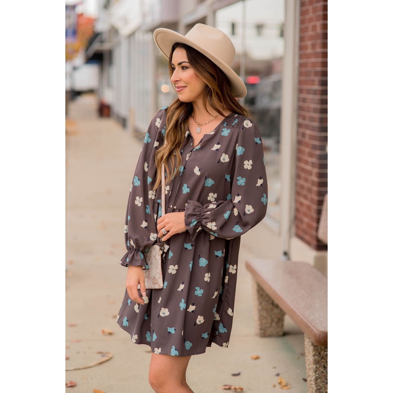 Blossoms Ruffle Long Sleeve Dress Charcoal S