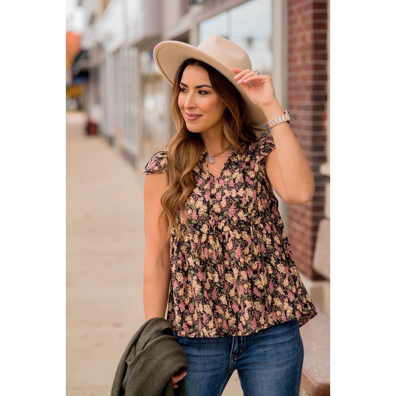 Blossoms Tiered V Blouse Black S