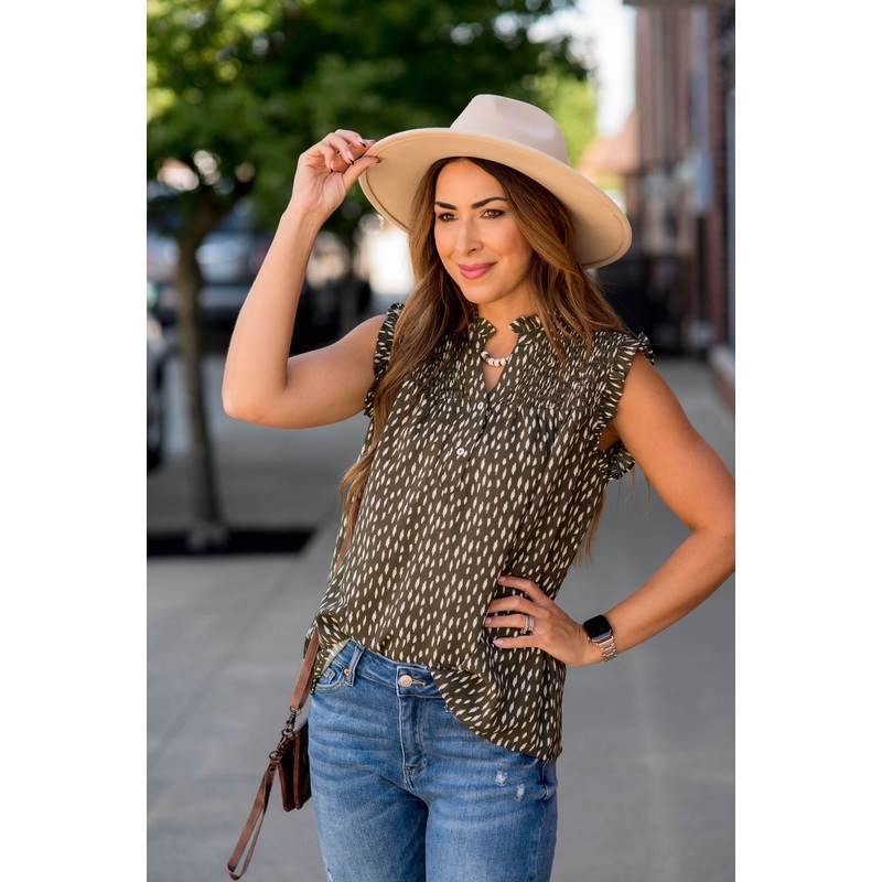 Brush Stroke Smocked Tank Beige S