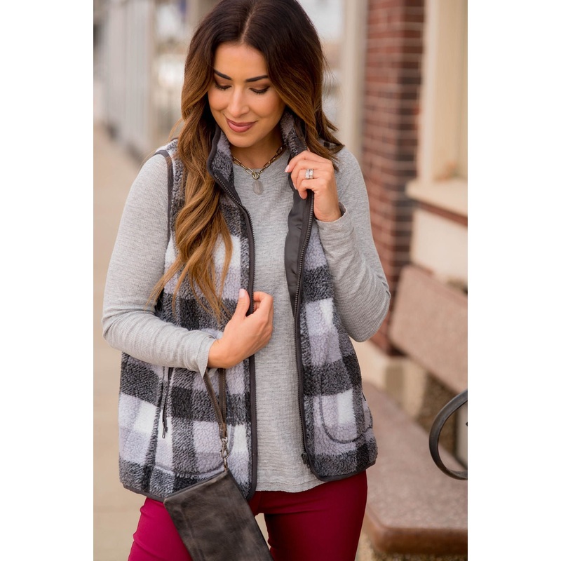 Buffalo Plaid Sherpa Vest S Charcoal