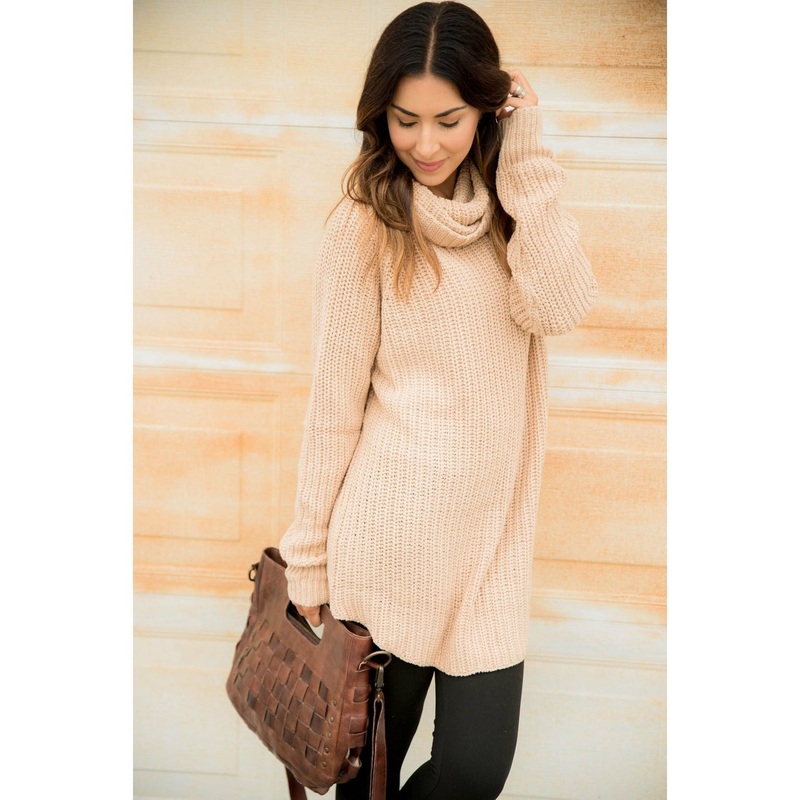 Chunky Knit Cowl Neck Tunic Camel S