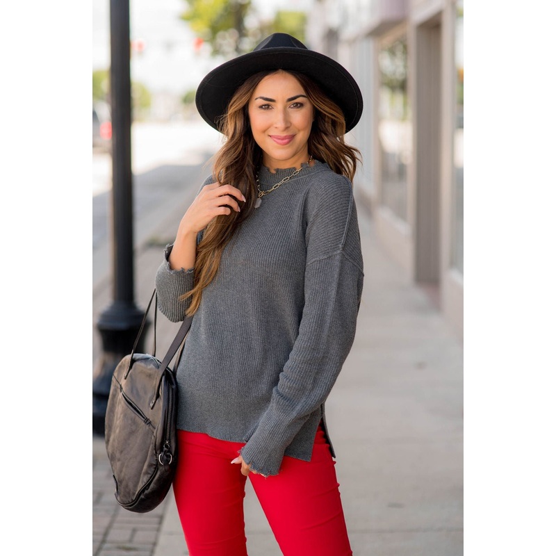 Distressed Side Slit Sweater Burgundy S