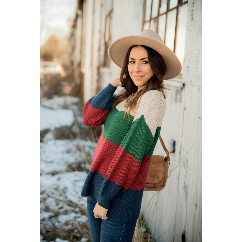Knit Color Blocked Sweater Green S