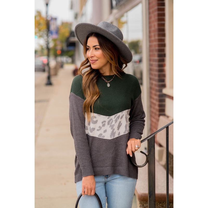 Leopard V-Block Sweater Camel S