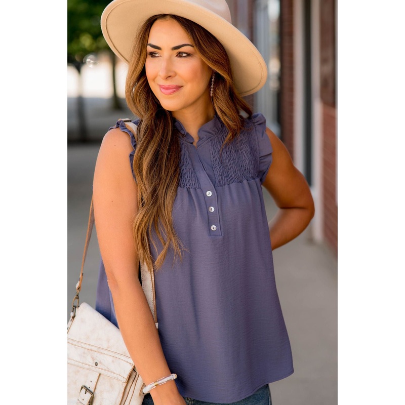 Ruched Top Button Accent Tank Lavender S