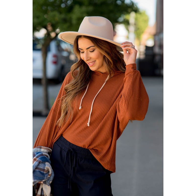 Thermal Balloon Sleeved Drawstring Hoodie S Rust