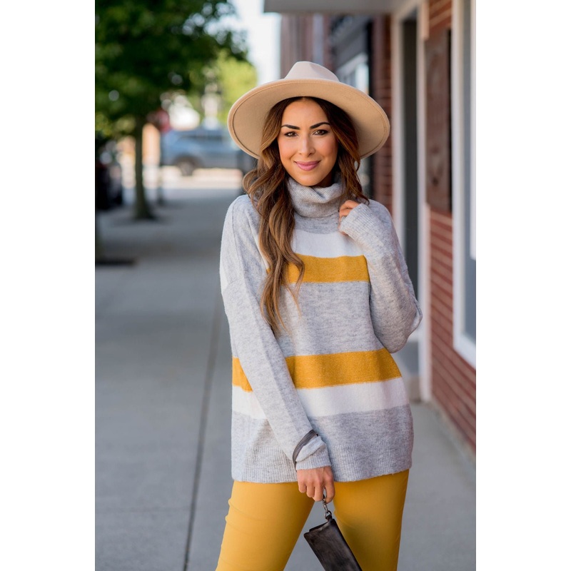 Tri Color Striped Cowl Neck Sweater Mustard S