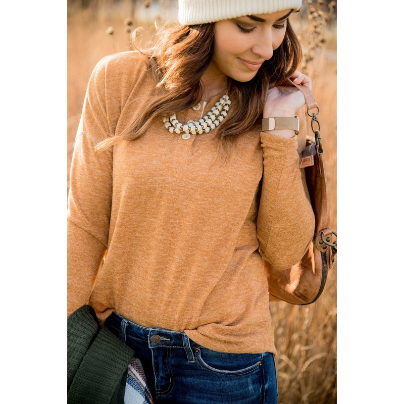 Triple Button Long Sleeve Tee S Camel