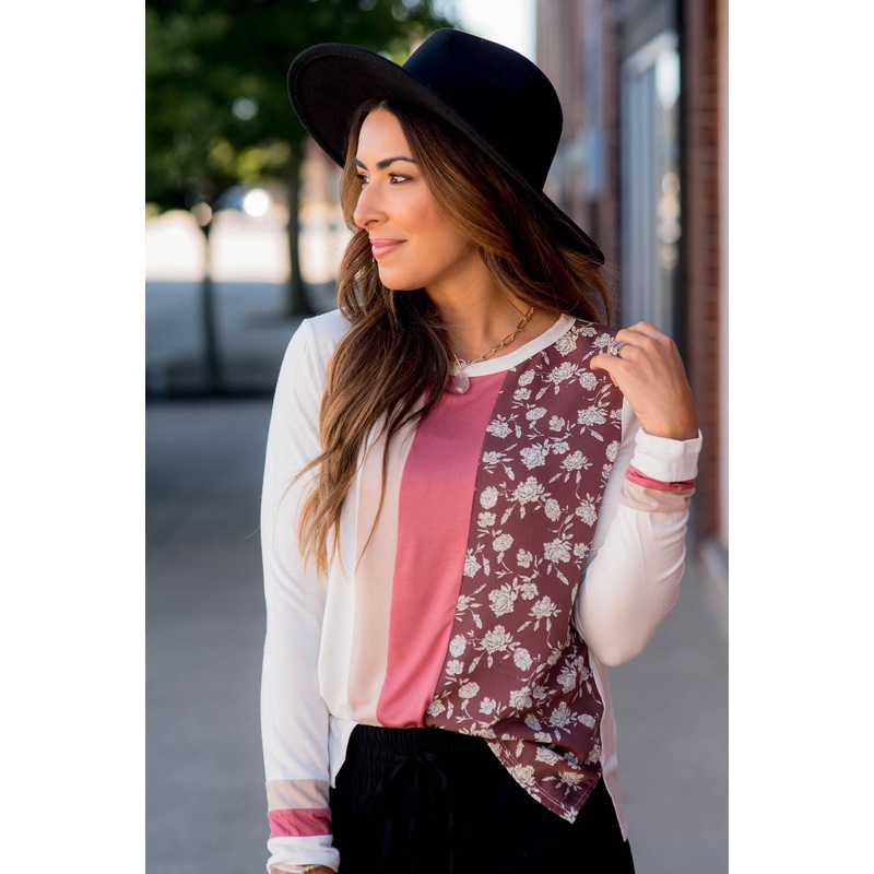 Vertical Vintage Floral Block Tee S Blush