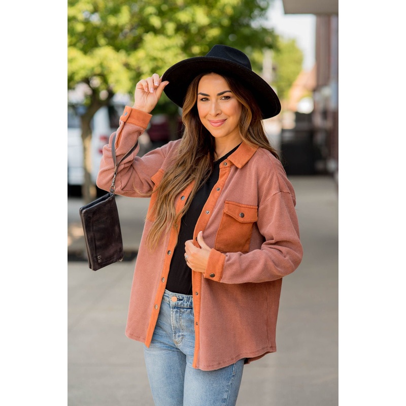 Waffle Button Up Shacket S Rust