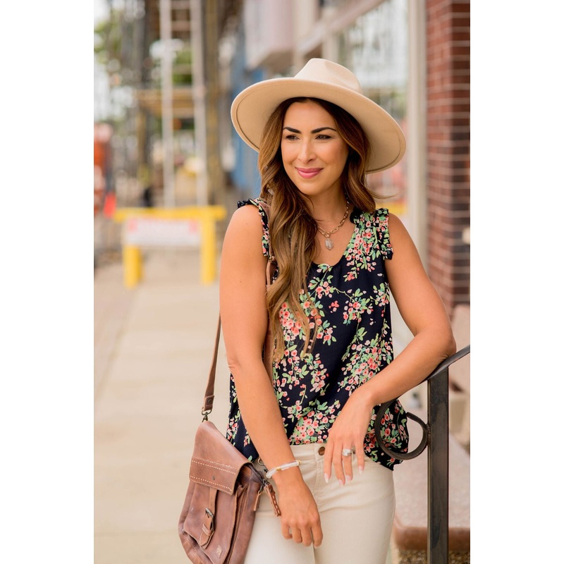 Watercolor Blooms Ruffle Accent Tank Kelly Green S