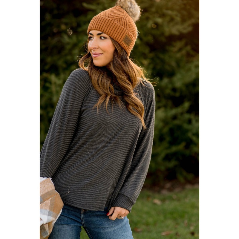 Zig Zag Cowl Neck Long Sleeve Tee Camel S
