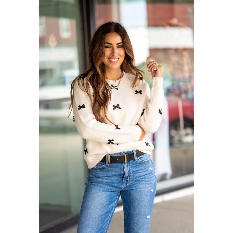 Bow Accented Ribbed Trim Sweater Cream S