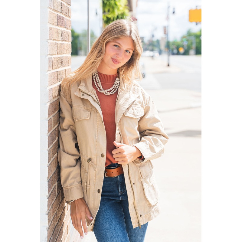 Drawstring Waist Utility Jacket Mocha S