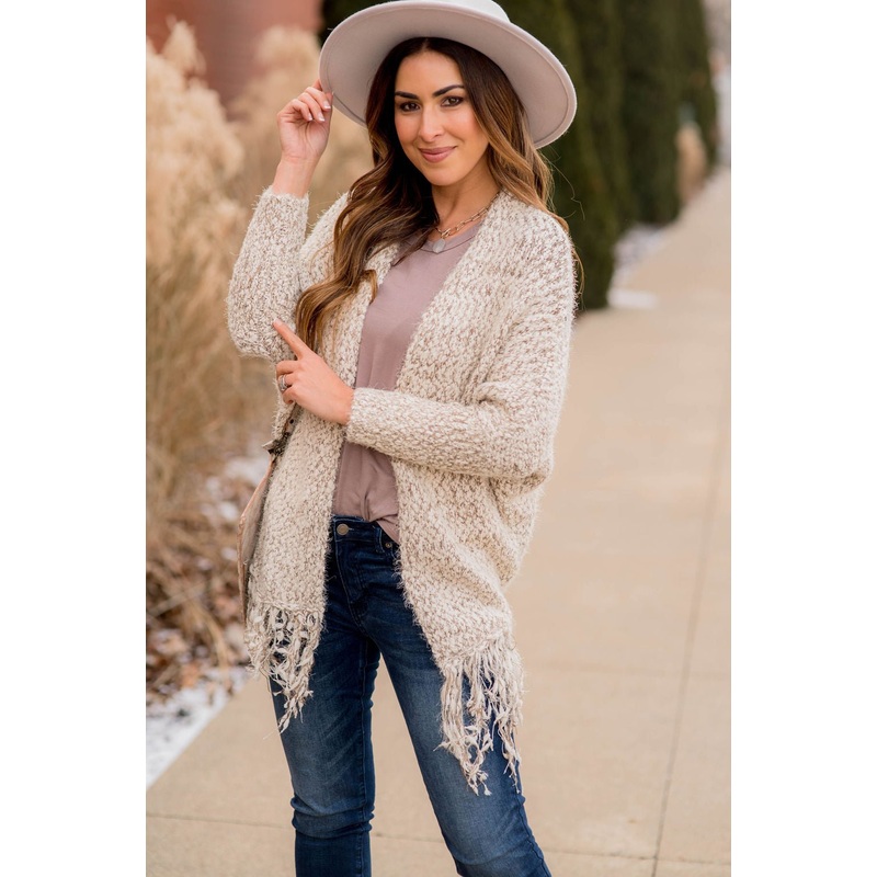 Fringe Trimmed Cardigan – Mocha S/M