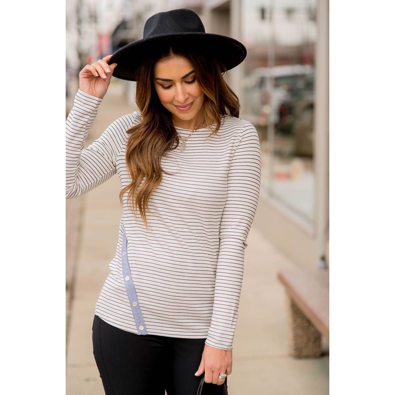 Thin Striped Button Accented Tee Black S