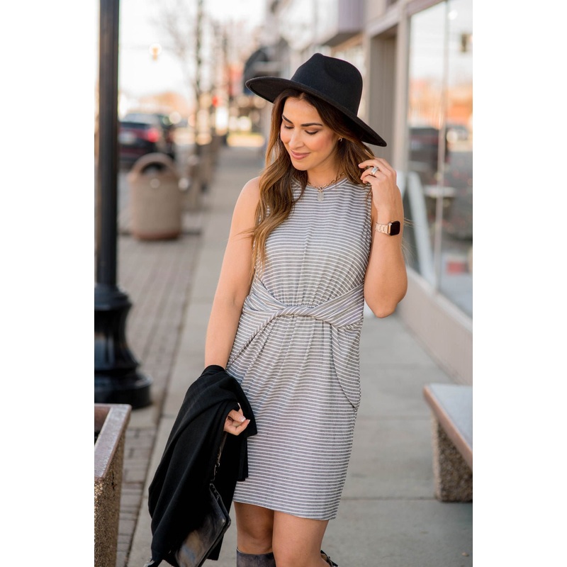 Thin Striped Twisted Tank Dress S Charcoal
