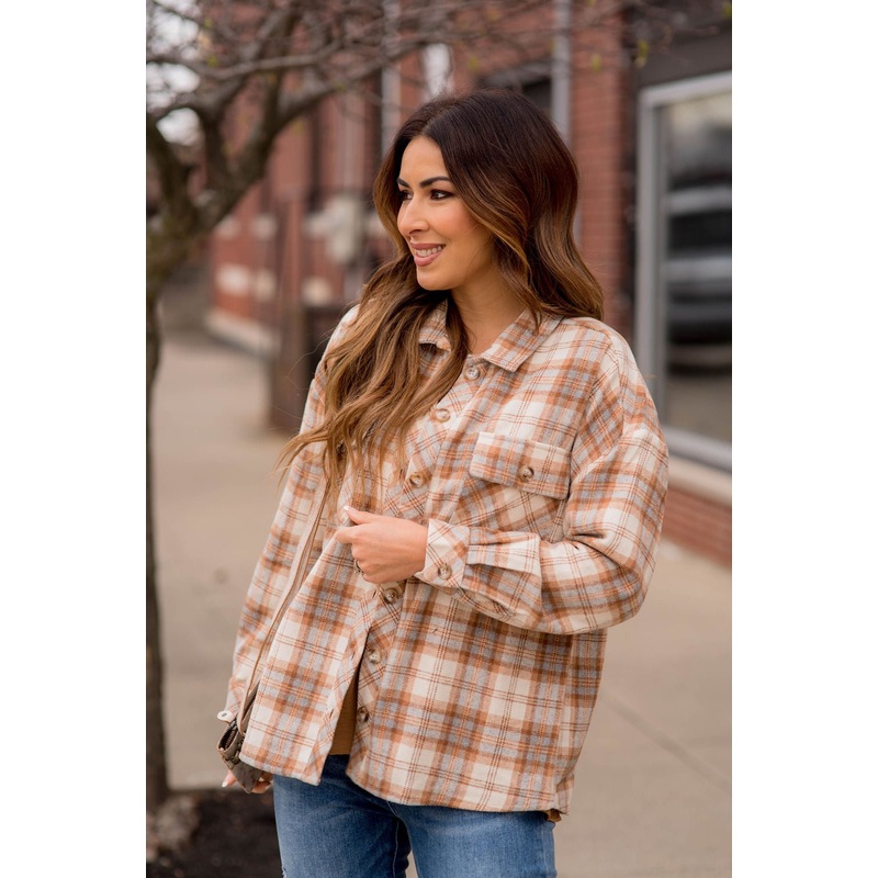 Touchdown Plaid Shacket Camel S