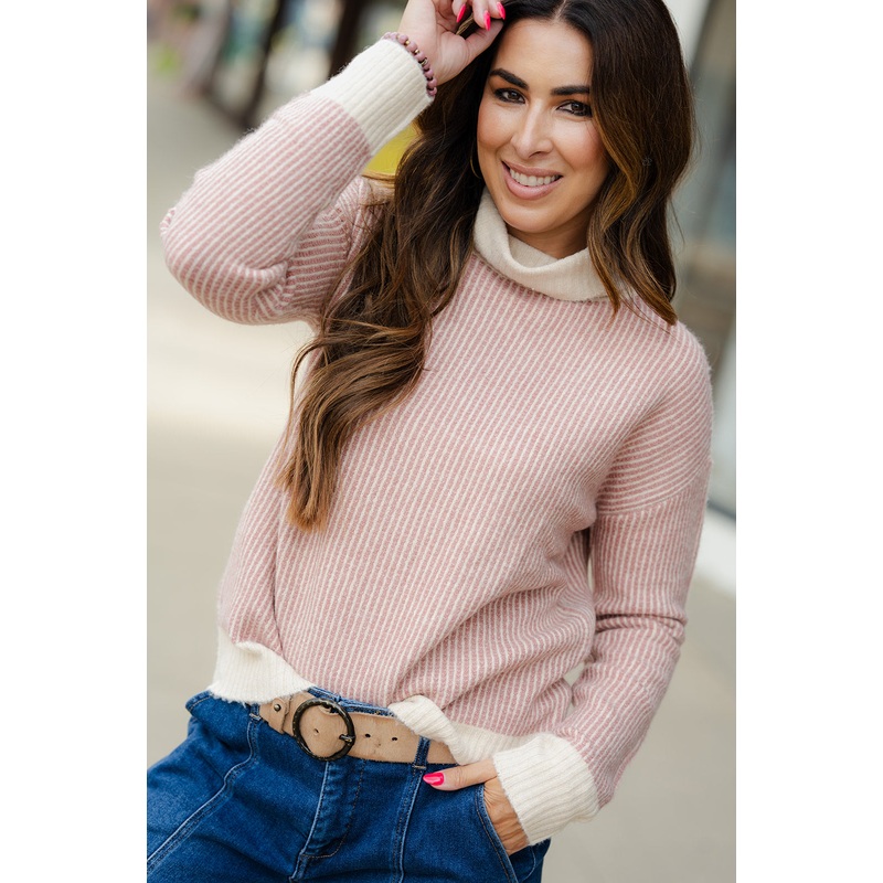 Vertical Striped Cowl Neck Sweater Dark Lavender S