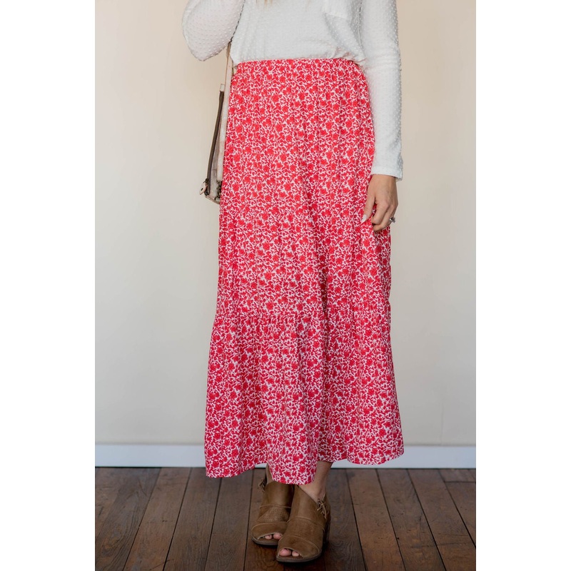 Antique Blooms Tiered Maxi Skirt Red S