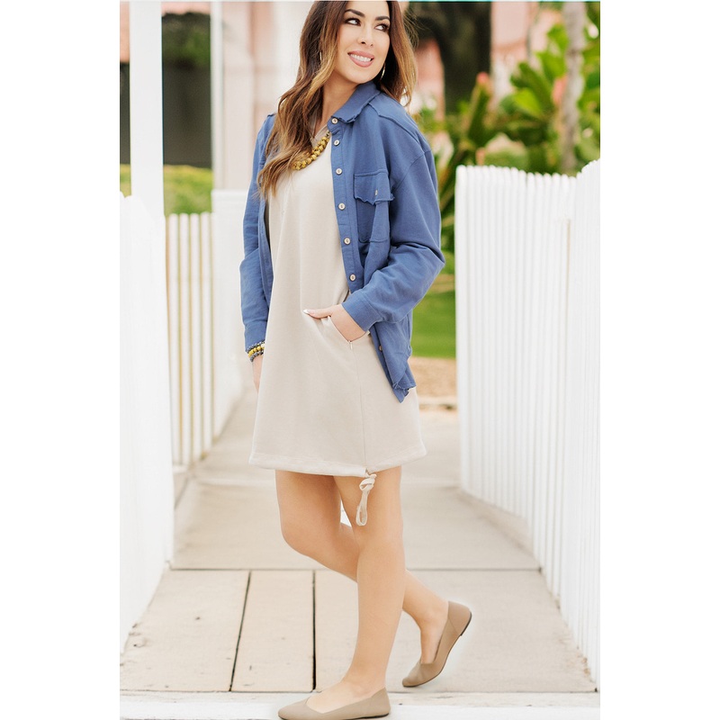Basic Raw Edge Shacket Blue S
