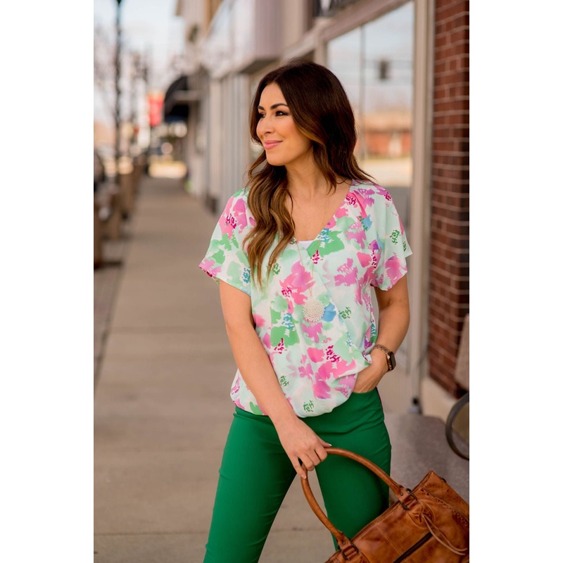 Bold Floral Faux Wrap Tee Mint S