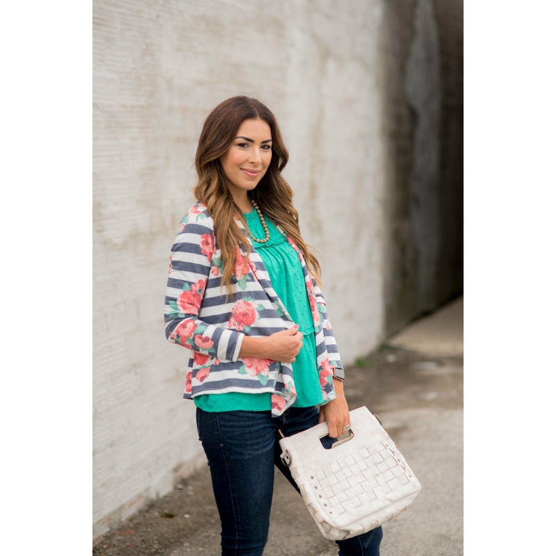 Floral Striped Cardigan S Navy