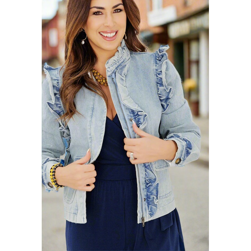 Ruffle Accented Vintage Denim Jacket Medium Wash S