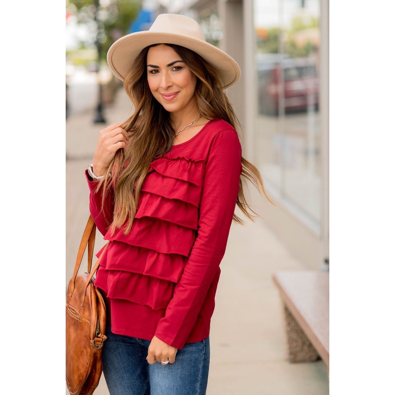 Ruffle Long Sleeve Tee Black S