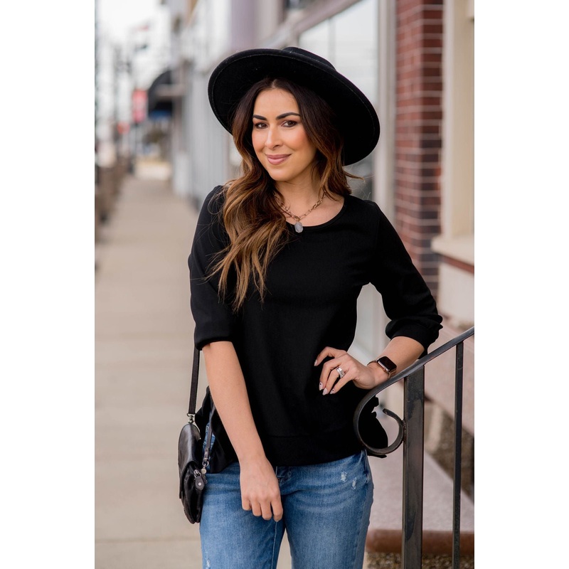 Ruffle Side Slit 3/4 Sleeve Tee Black S