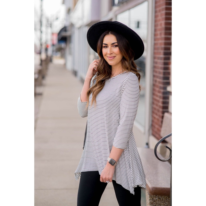 Thin Striped Sharkbite Tunic Tee Black S